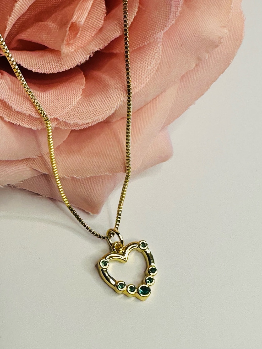 14K Gold plated Green CZ Heart Pendant Necklace | 16” Gold Plated Chain | New